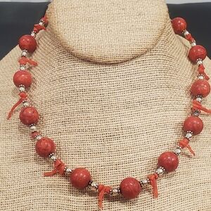 Vintage Sterling Silver Coral Necklace Natural Coral 17"